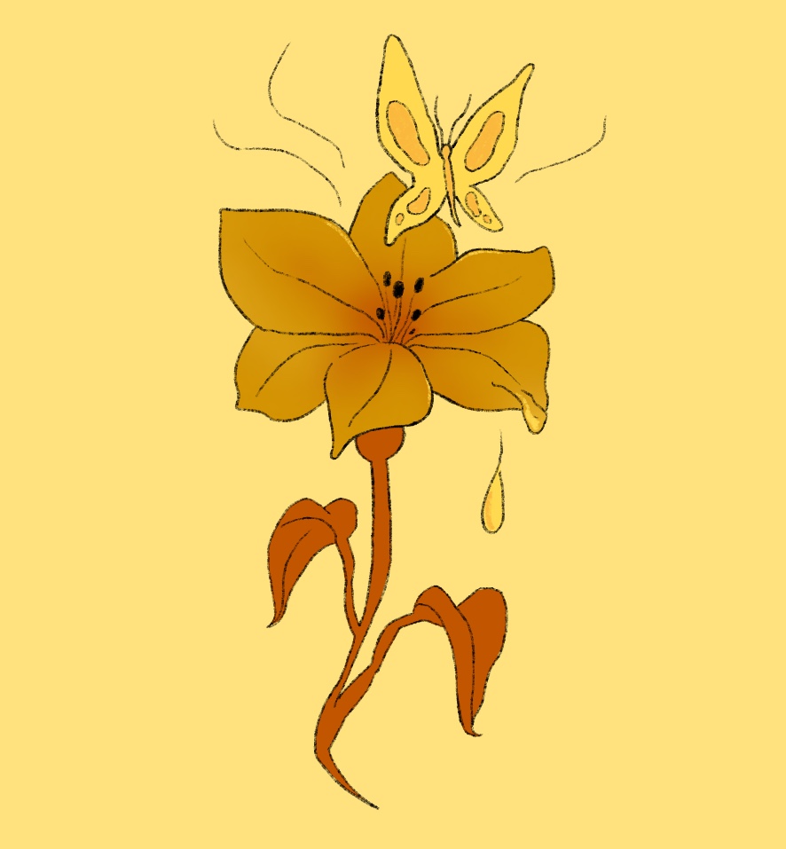 En regndråbe glider stille af en smuk blomst, mens en sommerfugl basker med sine vinger